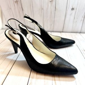 Calvin Klein Sadi Lizard Print Black Slingback Heels Size 9, Original Box.
